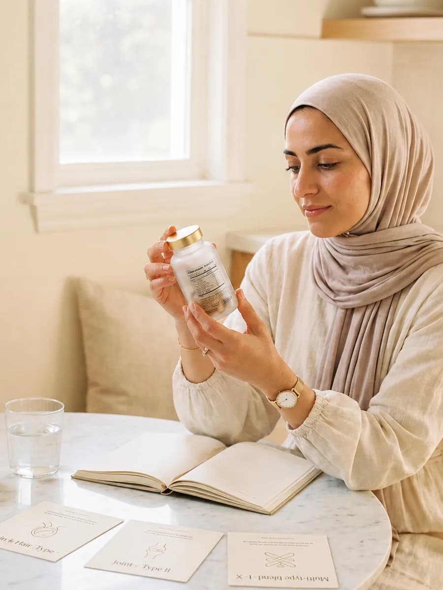 امرأة تختار مكمل كولاجين — النوع I للبشرة، النوع II للمفاصل، وتركيبة متعددة بجرعة معلنة